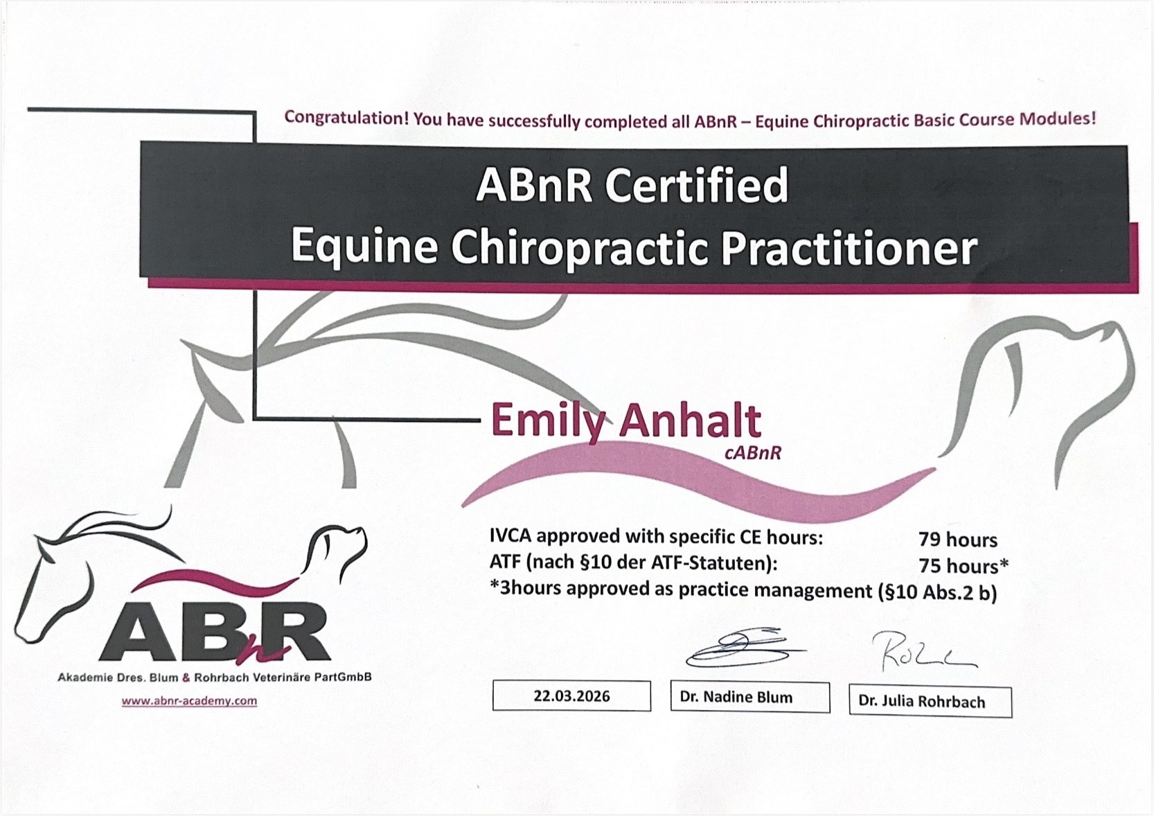 Zertifikat Pferdechiropraktik absolviert an der ABnR